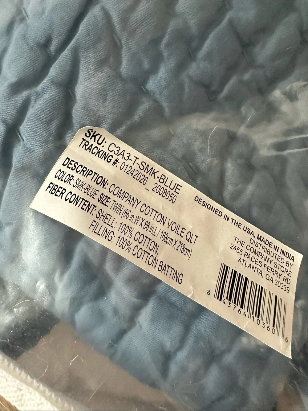 The Company Store Cotton Voile Quilt Twin Smoke Blue NWT Retail $224